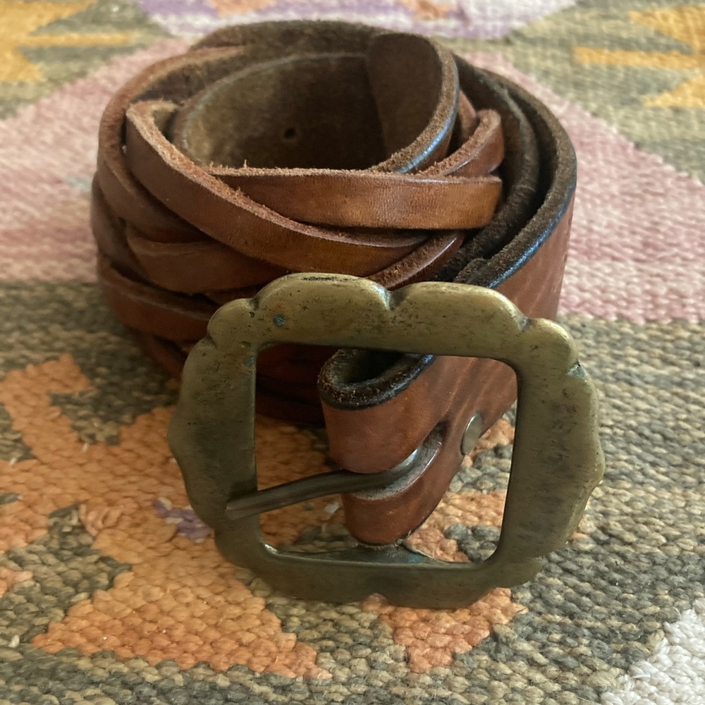 Vintage leather braided belt with large brass buckle